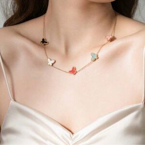 18 Karat Gold Plated  Butterfly Station Necklace with Multicolor Enamel Accents